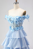 Light Blue A-Line Off The Shoulder Tiered Corset Prom Dress With 3D Flowers