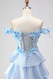 Light Blue A-Line Off The Shoulder Tiered Corset Prom Dress With 3D Flowers