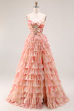 Tiered Spaghetti Straps Sunset Cut Out Prom Dress with Bows