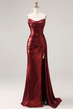 Metallic Burgundy Strapless Ruched Prom Dress