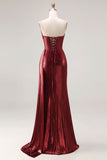 Metallic Burgundy Strapless Ruched Prom Dress