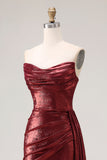 Metallic Burgundy Strapless Ruched Prom Dress