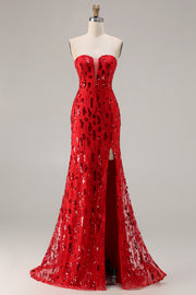 Sparkly Red Mermaid Strapless Maxi Prom Dress With Slit