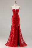 Sparkly Red Mermaid Strapless Maxi Prom Dress With Slit