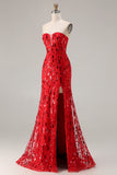 Sparkly Red Mermaid Strapless Maxi Prom Dress With Slit