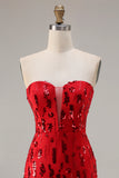 Sparkly Red Mermaid Strapless Maxi Prom Dress With Slit