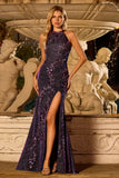 Glitter Navy Halter Beaded Mermaid Prom Dress With Slit