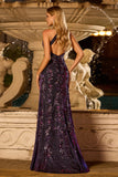 Glitter Navy Halter Beaded Mermaid Prom Dress With Slit