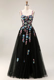 Black A-Line Sequin Spaghetti Straps Tulle Prom Dress With Slit