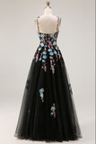 Black A-Line Sequin Spaghetti Straps Tulle Prom Dress With Slit