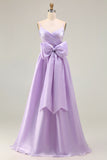 Lilac A-Line Spaghetti Straps Maxi Prom Dress With Bow