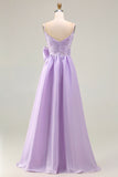 Lilac A-Line Spaghetti Straps Maxi Prom Dress With Bow