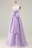 Lilac A-Line Spaghetti Straps Maxi Prom Dress With Bow
