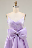 Lilac A-Line Spaghetti Straps Maxi Prom Dress With Bow