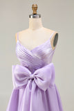 Lilac A-Line Spaghetti Straps Maxi Prom Dress With Bow