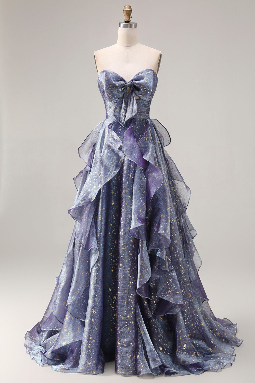 Berylove Women Sparkly Strapless Prom Dress A Line Ruffled Dusty Blue Cut Out Maxi Party Dress with Bow, Dusty Blue / US10 Berylove Women Sparkly Strapless Prom Dress A Line Ruffled Dusty Blue Cut Out Maxi Party Dress with Bow, Dusty Blue / US10