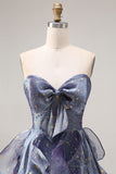 Sparkly Strapless A Line Ruffled Dusty Blue Prom Dress