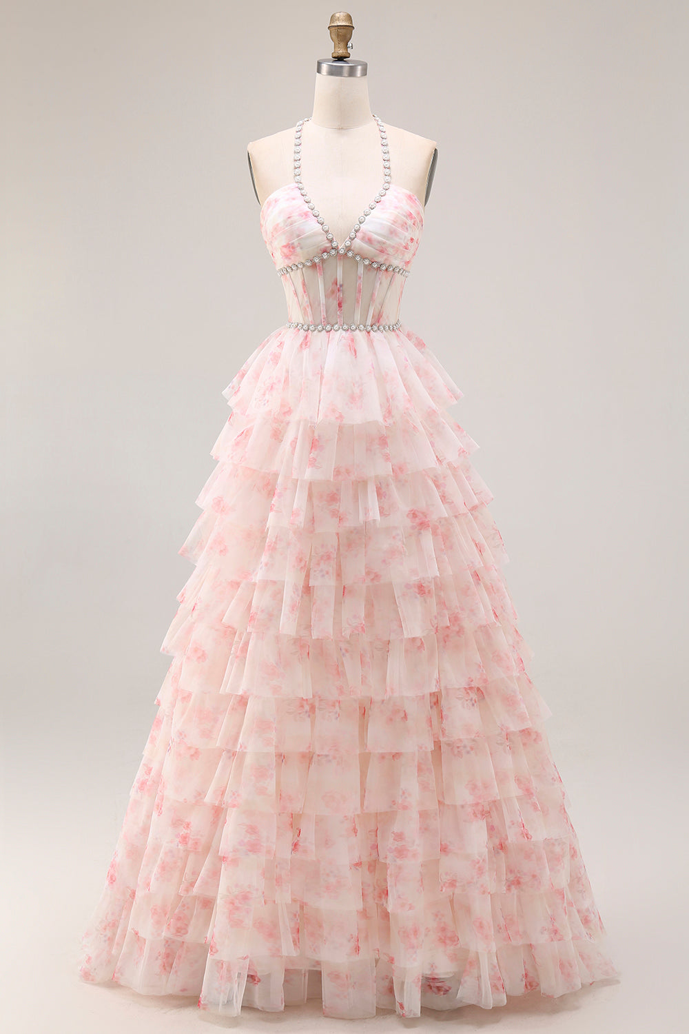 Berylove Women Halter Tiered Prom Dress Beaded Candy Pink Floral Corset Maxi Party Dress, Candy Pink / US22W Berylove Women Halter Tiered Prom Dress Beaded Candy Pink Floral Corset Maxi Party Dress, Candy Pink / US22W