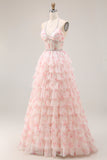 Halter Tiered Beaded Candy Pink Corset Prom Dress