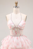 Halter Tiered Beaded Candy Pink Corset Prom Dress