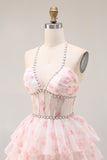 Halter Tiered Beaded Candy Pink Corset Prom Dress