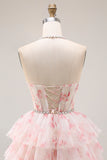 Halter Tiered Beaded Candy Pink Corset Prom Dress