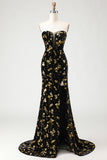 Black Golden Sequin Mermaid Strapless Prom Dress With Slit