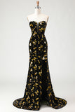 Black Golden Sequin Mermaid Strapless Prom Dress With Slit