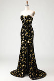 Black Golden Sequin Mermaid Strapless Prom Dress With Slit