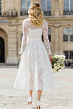 Ivory Lace A-Line Midi Rehearsal Dinner Dress With Long Sleeves