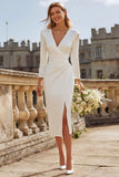 Ivory Sheath V-Neck Ruched Engagement Dress With Slit