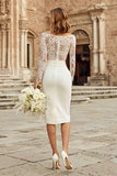 Elegant Sheath Ivory Midi Engagement Dress With Lace Long Sleeves