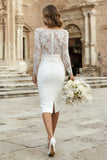 Elegant Sheath Ivory Midi Engagement Dress With Lace Long Sleeves