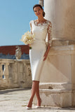 Ivory Satin Sheath Appliqued Midi Engagement Dress With 3/4 Sleeves