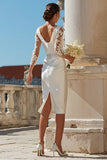 Ivory Satin Sheath Appliqued Midi Engagement Dress With 3/4 Sleeves