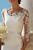 Ivory Satin Sheath Appliqued Midi Engagement Dress With 3/4 Sleeves