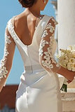 Ivory Satin Sheath Appliqued Midi Engagement Dress With 3/4 Sleeves