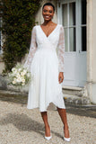 Ivory Long Sleeves V-Neck Pleated Midi Rehearsal Dinner Dress