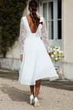 Ivory Long Sleeves V-Neck Pleated Midi Rehearsal Dinner Dress