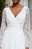 Ivory Long Sleeves V-Neck Pleated Midi Rehearsal Dinner Dress