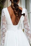Ivory Long Sleeves V-Neck Pleated Midi Rehearsal Dinner Dress