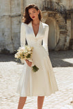Ivory A-Line Satin V-Neck Engagement Dress