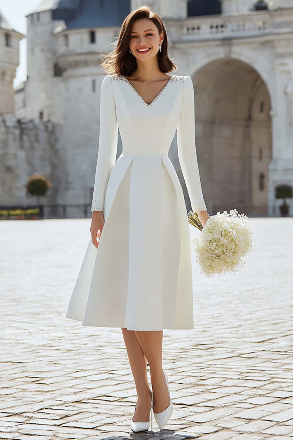 Berylove Women Simple A-Line Bridal Shower Dress Ivory Satin V-Neck Long Sleeves Midi Wedding Rehearsal Dress, Ivory / US18W Berylove Women Simple A-Line Bridal Shower Dress Ivory Satin V-Neck Long Sleeves Midi Wedding Rehearsal Dress, Ivory / US18W