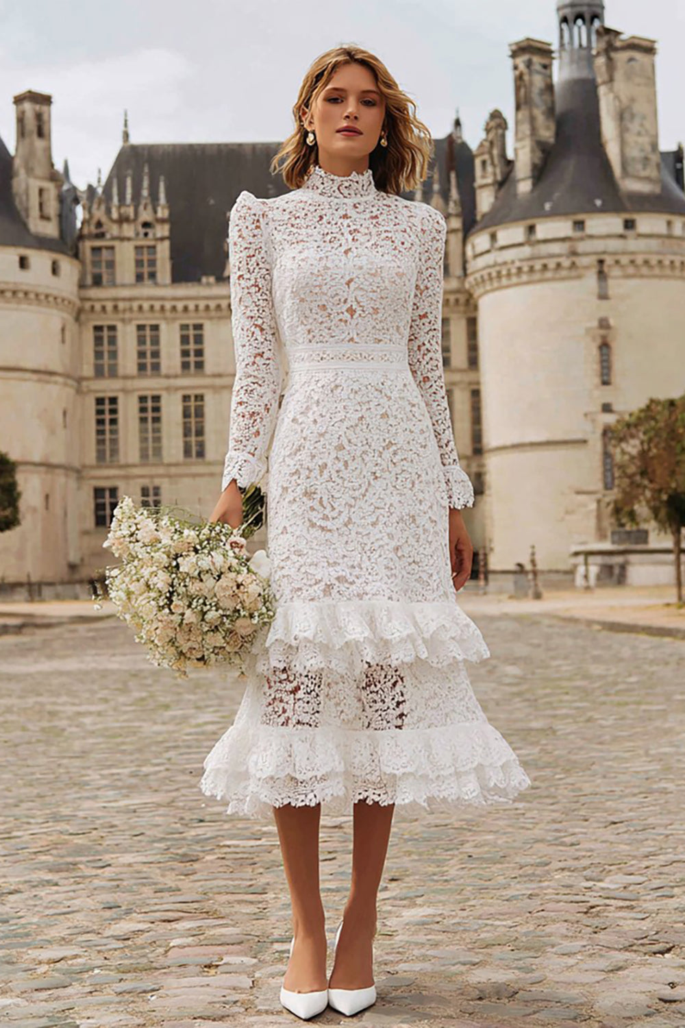 Berylove Women Ivory Lace Wedding Dress Sheath Ruffled High Neck Midi Bridal Shower Dress With Long Sleeves, Ivory / US8 Berylove Women Ivory Lace Wedding Dress Sheath Ruffled High Neck Midi Bridal Shower Dress With Long Sleeves, Ivory / US8