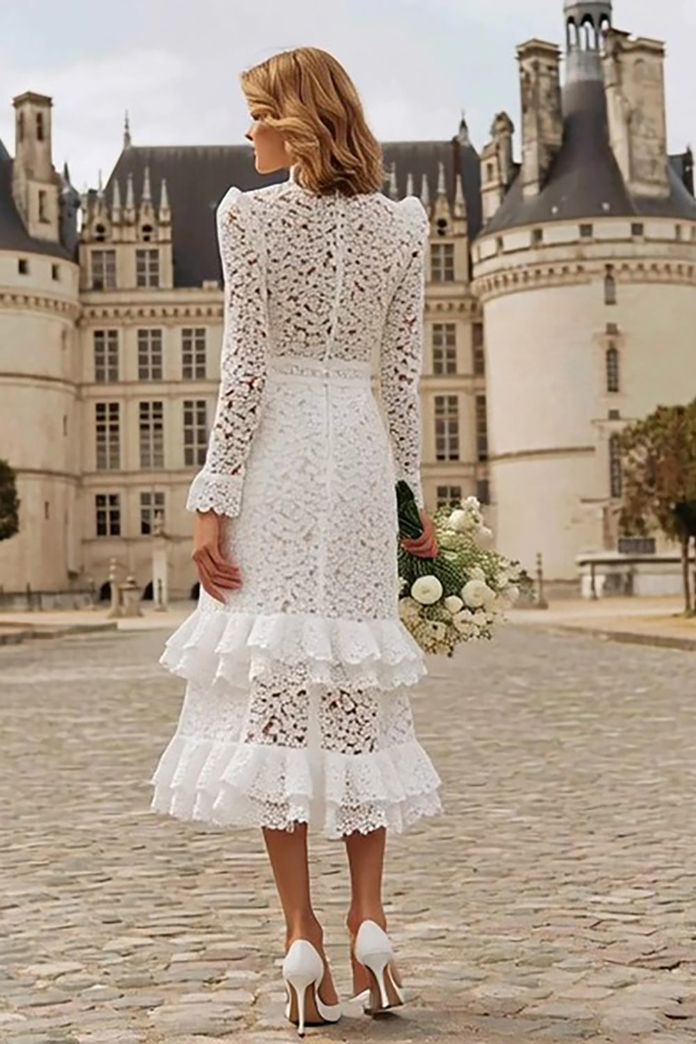 Berylove Women Ivory Lace Wedding Dress Sheath Ruffled High Neck Midi Bridal Shower Dress with Long Sleeves, Ivory / US8 Berylove Women Ivory Lace Wedding Dress Sheath Ruffled High Neck Midi Bridal Shower Dress with Long Sleeves, Ivory / US8