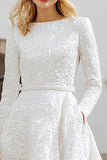 Ivory A-Line Jacquard High-Low Wedding Dress With Long Sleeves