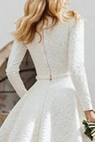 Ivory A-Line Jacquard High-Low Wedding Dress With Long Sleeves