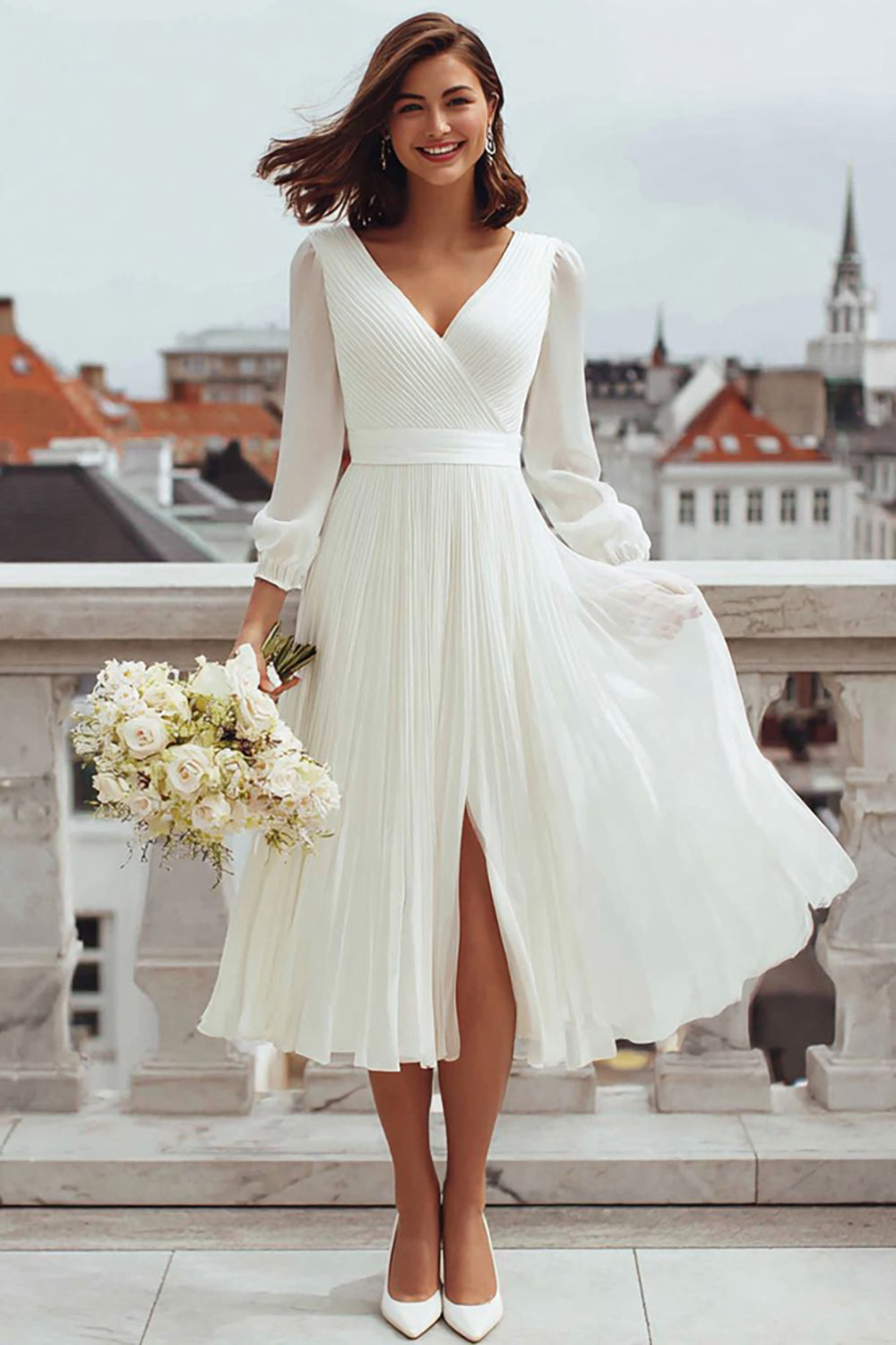 Berylove Women Ivory A-Line Rehearsal Dinner Dress V-Neck Pleated Long Sleeves Midi Bridal Shower Dress with Slit, Ivory / US16 Berylove Women Ivory A-Line Rehearsal Dinner Dress V-Neck Pleated Long Sleeves Midi Bridal Shower Dress with Slit, Ivory / US16
