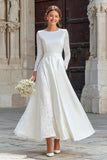 Elegant Ivory Satin A-Line Maxi Wedding Dress With Lace Long Sleeves