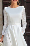 Elegant Ivory Satin A-Line Maxi Wedding Dress With Lace Long Sleeves
